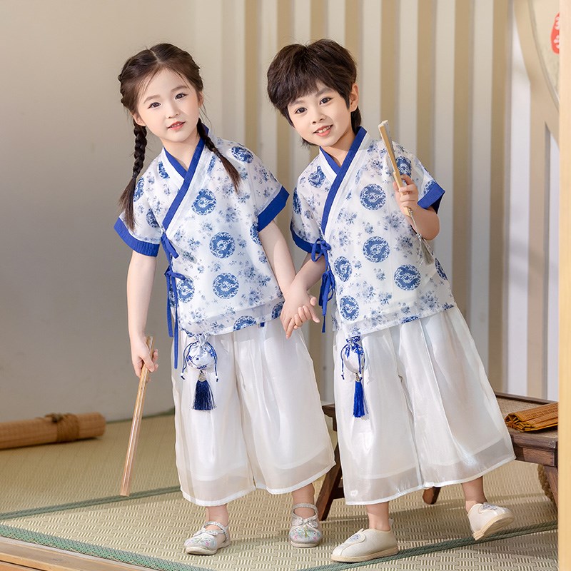 童装儿童中国风古装青花瓷汉服表演服夏季男女童六一演出服装夏装