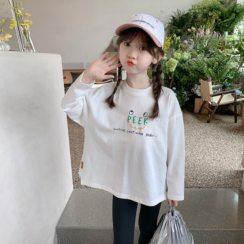 热销女童长袖T恤薄款春秋款2023新款儿童秋季上衣女孩秋装白色打