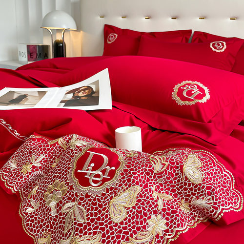 高档全棉刺绣大红色四件套主卧结婚庆被套纯棉床单喜庆新婚房床品