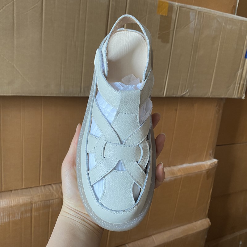 夏季凉鞋平底真牛皮猪笼鞋孕妇牛津软底包头休闲沙滩鞋洞洞鞋