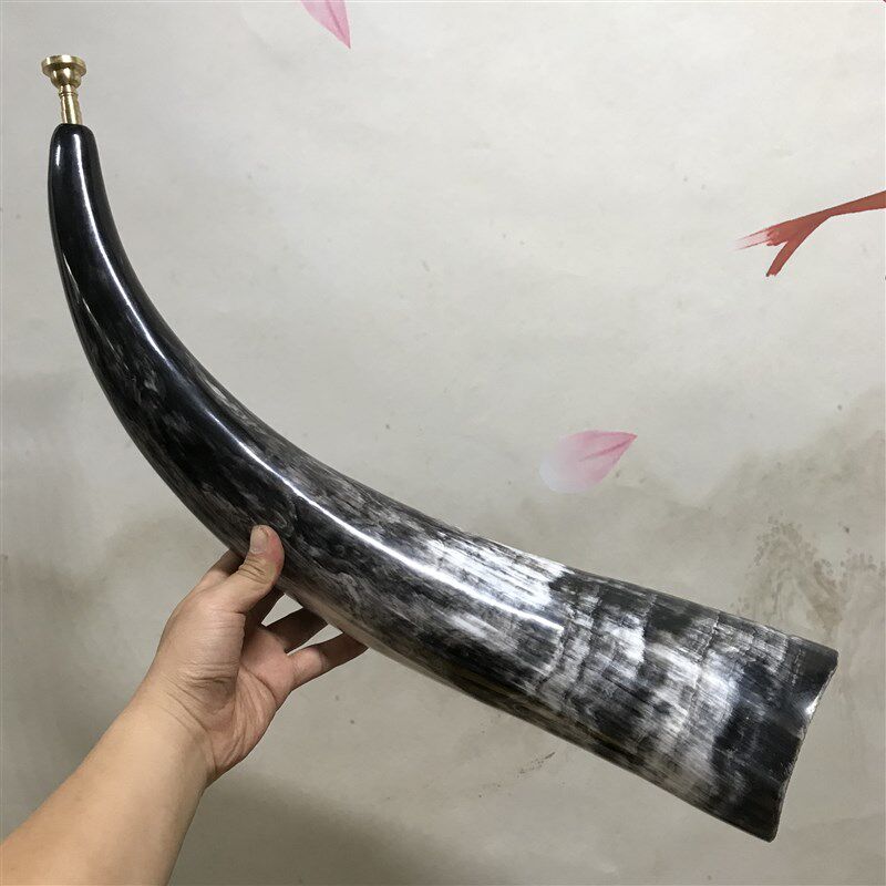 天然打磨黑e白牦牛角专业用号角水牛号角铜喇叭法器民族乐器i.