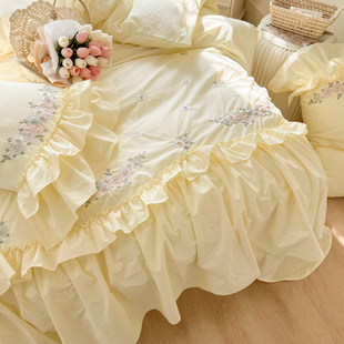 落日奶黄︱韩系花卉刺绣全棉水洗棉被套四件套少女公主风床品