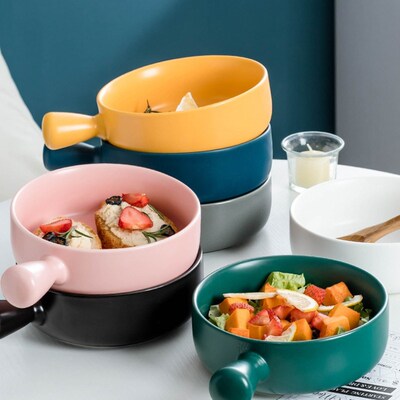Nordic Ceramic Salad Bowl With Handle Breakfast Cereal Fruit
