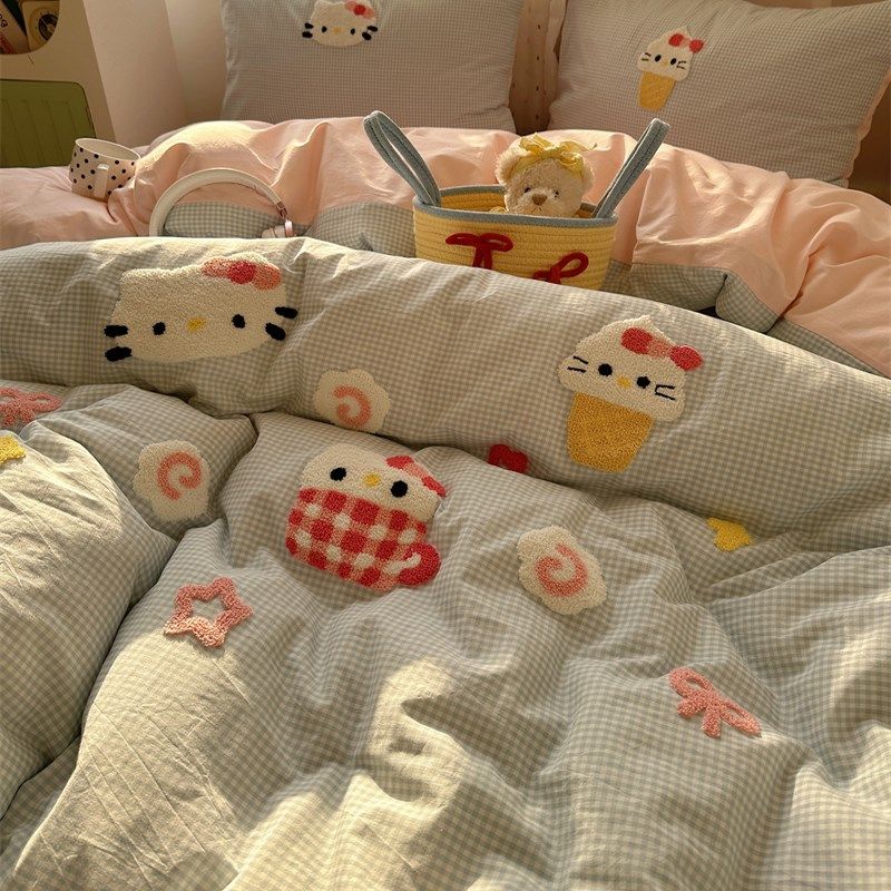 梨梦 冰淇淋花猫可爱水洗棉四件套全棉床单被套床笠床上用品,床上用品,床品套件/四件套/多件套,淘宝优惠券,粉丝福利购,淘宝优惠卷