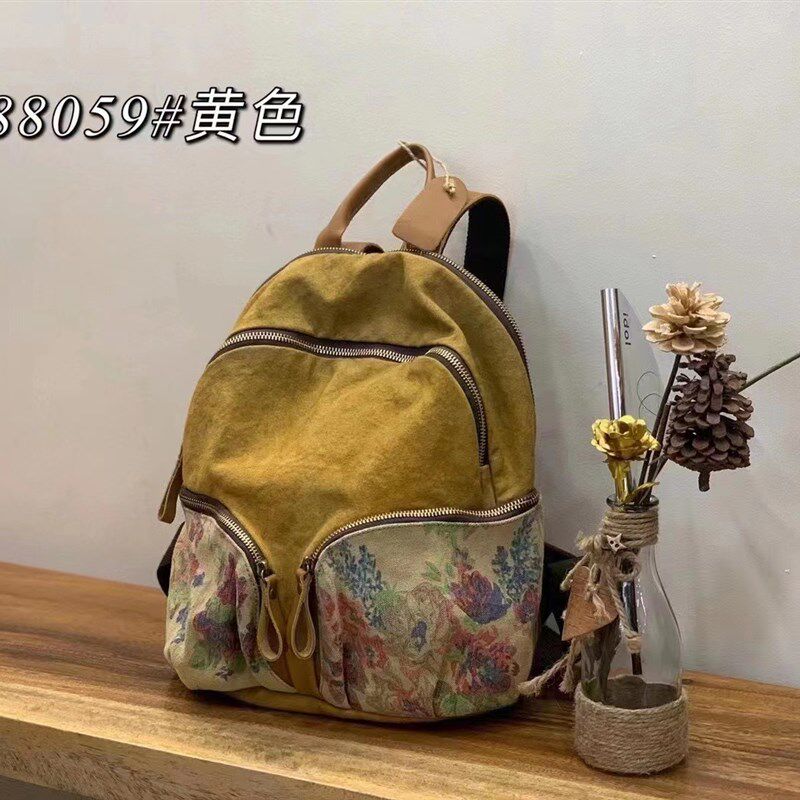88059亚麻粗织u拼接印花民族风双肩包复古背包