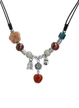 醉梦古风陶瓷串珠项链女2023新中式新款国风复Q古编织绳颈链锁骨