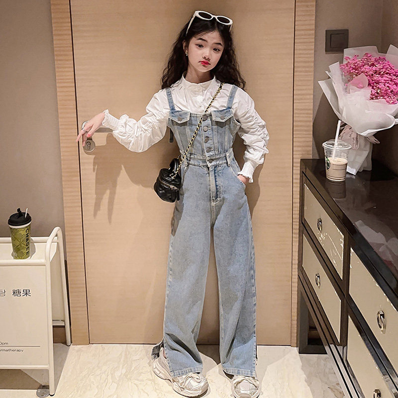 现货女童牛仔背带裤套装2024新款春秋洋气炸街儿童女大童连体裤子
