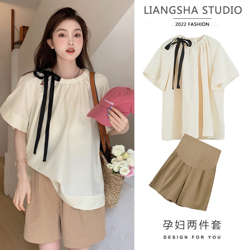 孕妇装套装夏季薄款小个子休闲时尚外出夏天大码上衣短裤子两件套