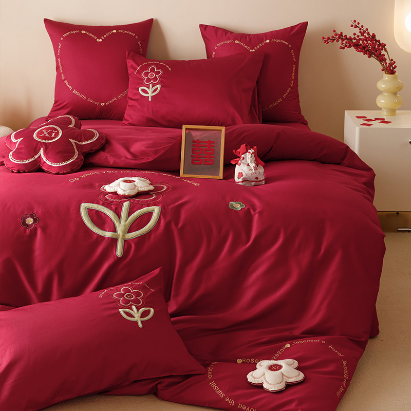 立体小花朵中式婚礼被套结婚牀单60支长绒棉四件套全棉婚庆红色,床上用品,婚庆床品套件,淘宝优惠券,粉丝福利购,淘宝优惠卷