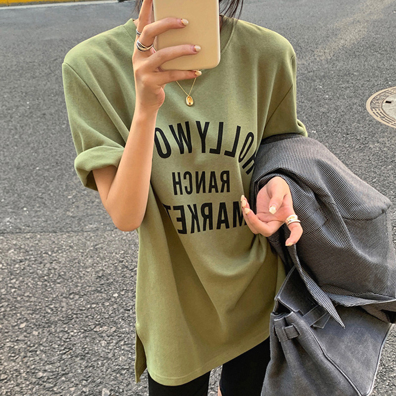 潮牌2023夏季新款字母印花短袖T恤女宽松韩版中长款简约百搭上衣