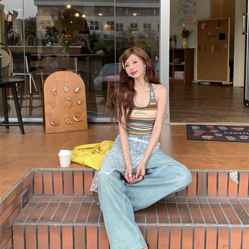 现货彩色条纹针织挂脖小吊带女夏季紧身无袖背心美式辣妹短款露脐