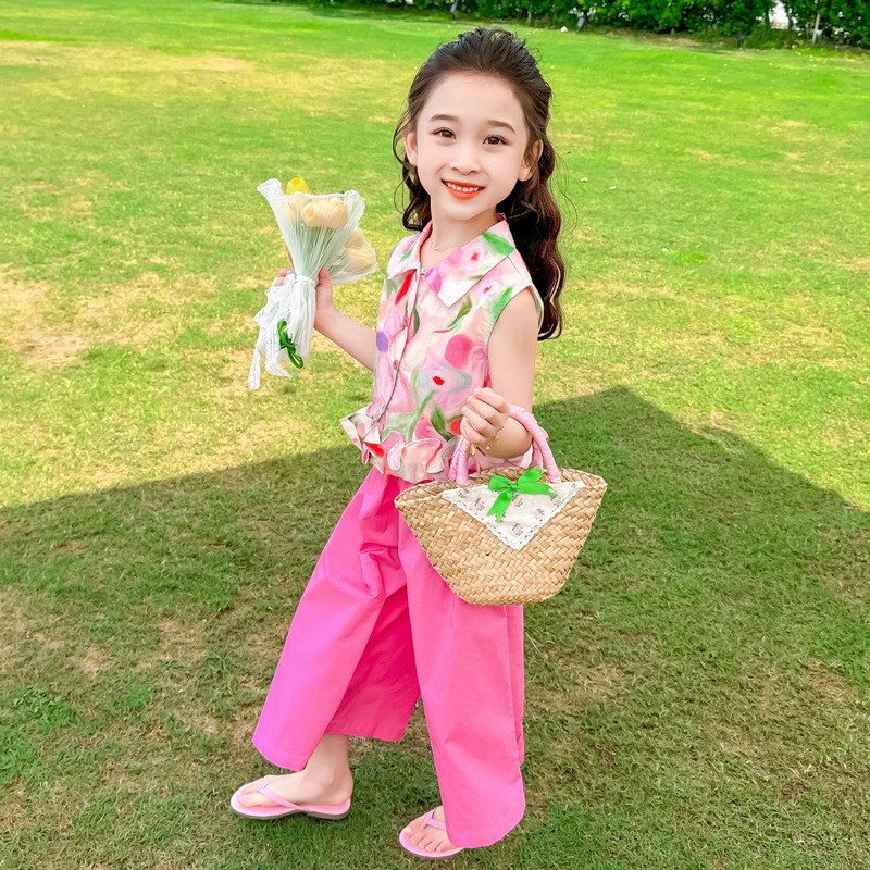 女童夏装套装2024新款洋气儿童阔腿裤夏季L薄款女大童七分裤两件