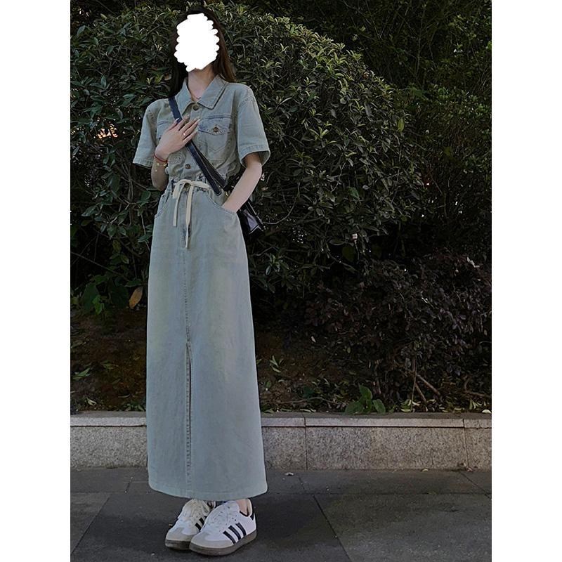 现货牛仔连衣裙女装夏季港风复古裙子微胖法式长裙小个子高级感国