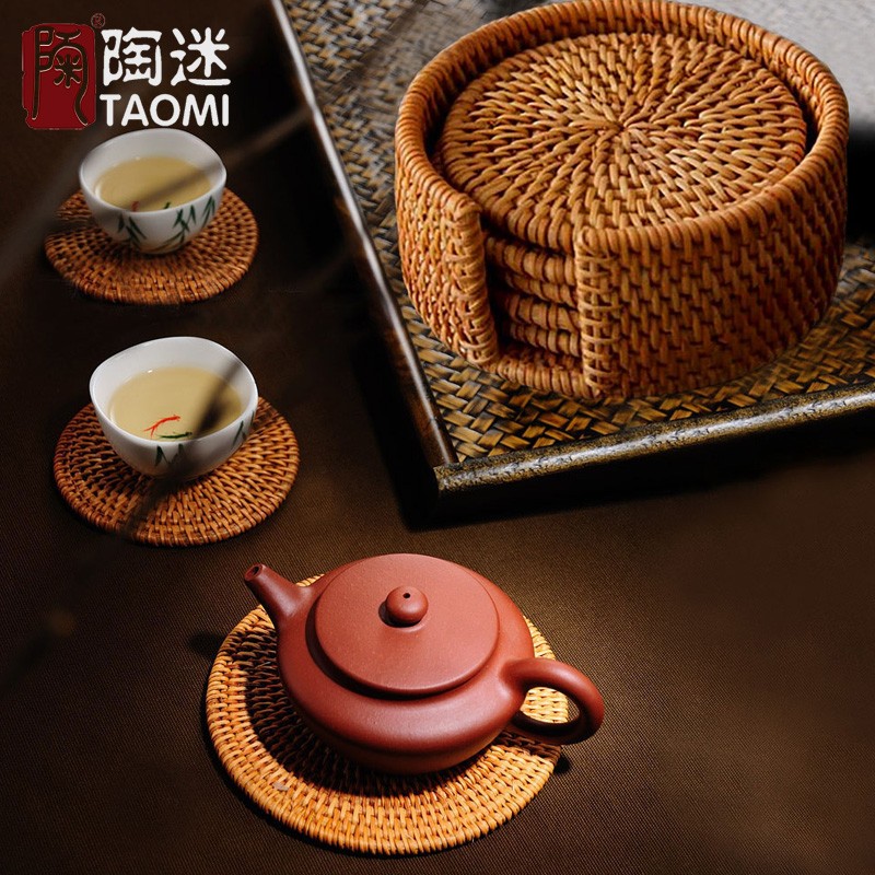 陶迷越南藤编杯垫紫砂壶垫铁壶手工实木茶杯垫套装防烫防滑碗盘垫
