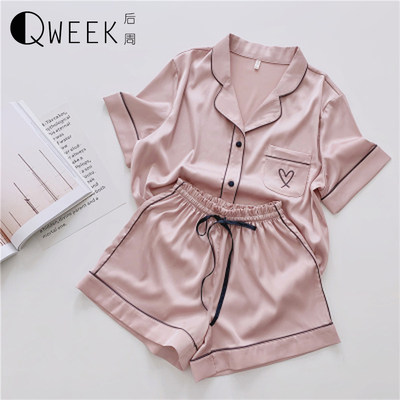 推荐Silk Pajamas for Women Home Suit Heart Embroidered Pyjam