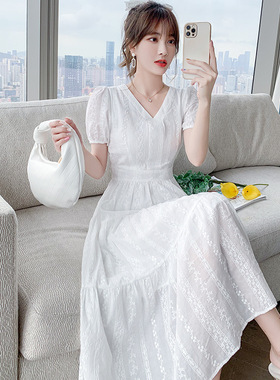 纯棉公主裙仙女气j质2021夏季法式长裙新款收腰显瘦婚礼白色连衣