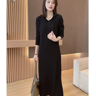 2022秋季高级感气质休闲洋装女连帽纯色宽松显瘦卫衣中长版裙子