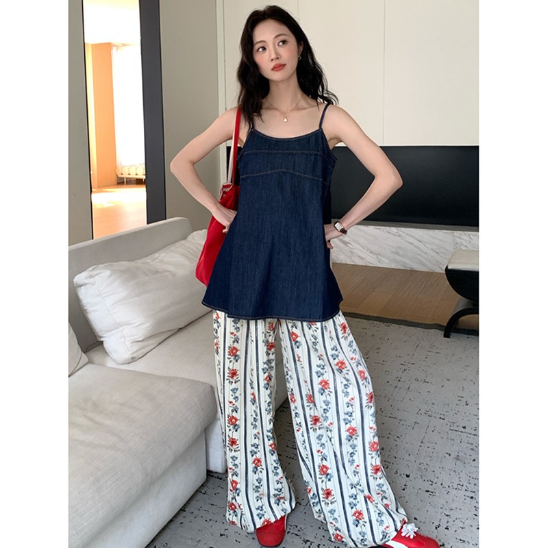 孕妇套装夏季2025新款韩版时尚宽松休闲牛仔吊带上衣裤子两件套女