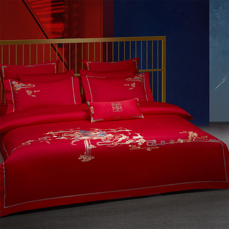 结婚四件套全棉刺绣婚礼喜被十件套婚房婚床婚庆床上用品,床上用品,婚庆床品套件,淘宝优惠券,粉丝福利购,淘宝优惠卷