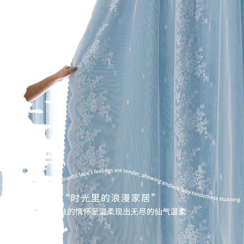 飘窗窗帘纱布一体卧室短款2023年新款带拐角帘头韩式蕾丝遮光