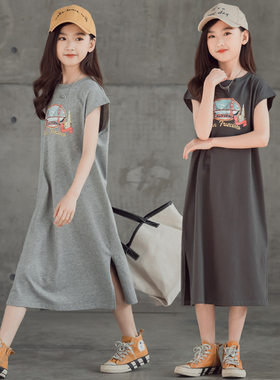 韩国夏季2023女童连衣裙个性印花长款开叉裙中大童休闲T恤裙潮