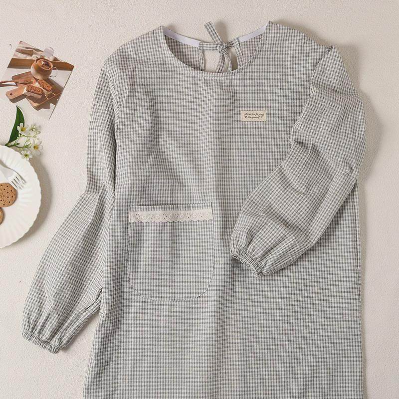 韩系文艺清新条纹薄透气棉布反穿衣家用厨房围裙防污家务长袖罩衣
