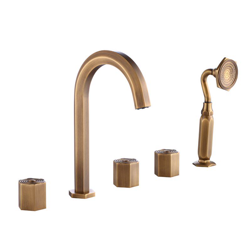 黄铜欧式金色仿古三孔抽拉升降龙头浴室柜面盆冷热洗脸盆分体八寸