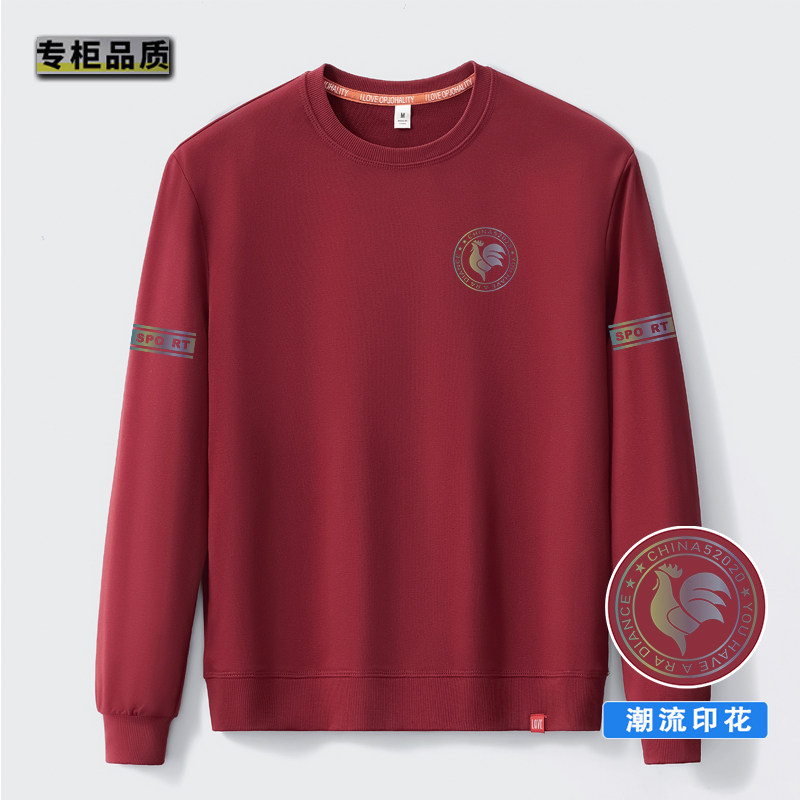 ~出口欧b美~公鸡圆领厚棉T男士2023秋季大尺码宽松印花长袖