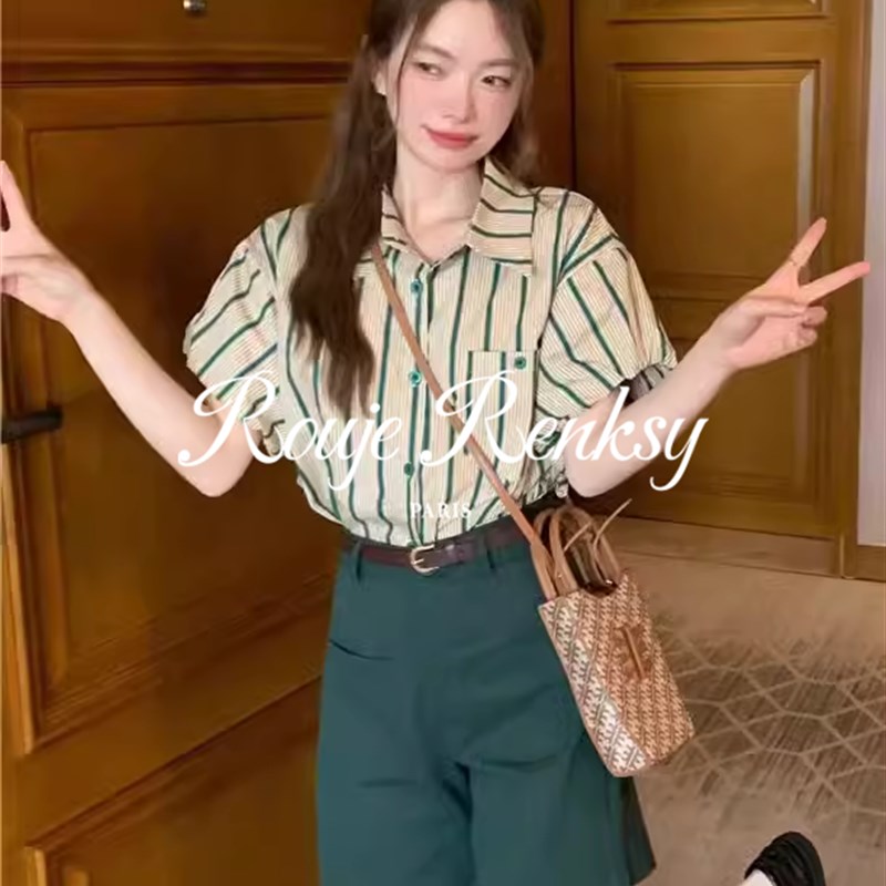 法国 法式复古绿条纹衬衫女夏季百搭通勤短裤别致套装