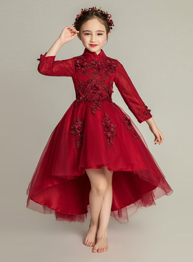 女童礼服公主裙儿童晚礼服婚纱长袖前短后长鱼尾小花童钢琴演出服