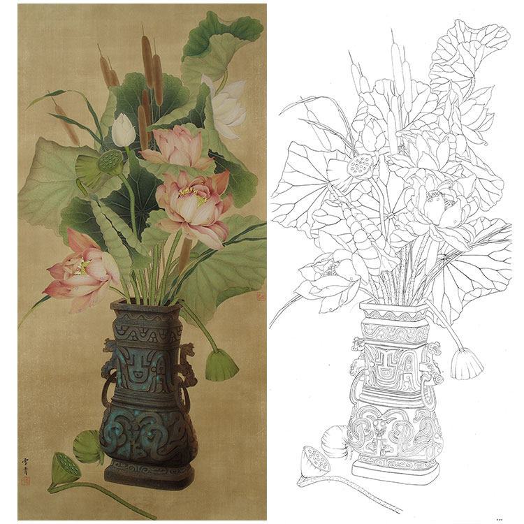工笔画白描底稿实物勾线打印稿龚雪青博古花鸟花瓶清雅荷香XQ77
