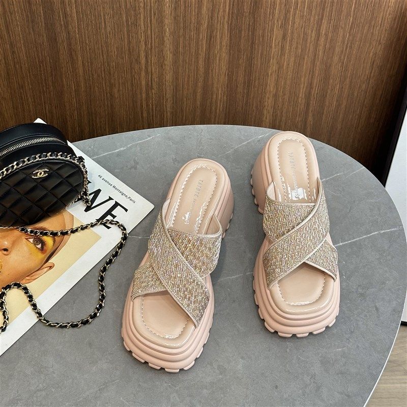2024年夏季新款时尚女外穿方头厚底气质水钻粗跟高跟鞋交叉带拖鞋,女鞋,一字拖,淘宝优惠券,粉丝福利购,淘宝优惠卷