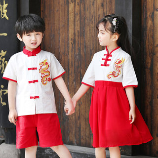 现货速发中国风儿童古装国学汉服男女纱裙朗诵合唱演出服装红色三
