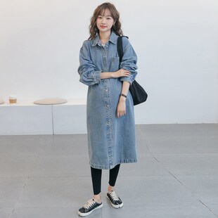 孕妇秋装牛仔外套长款韩版宽松大码潮妈时尚衬衫连衣裙秋季中长款