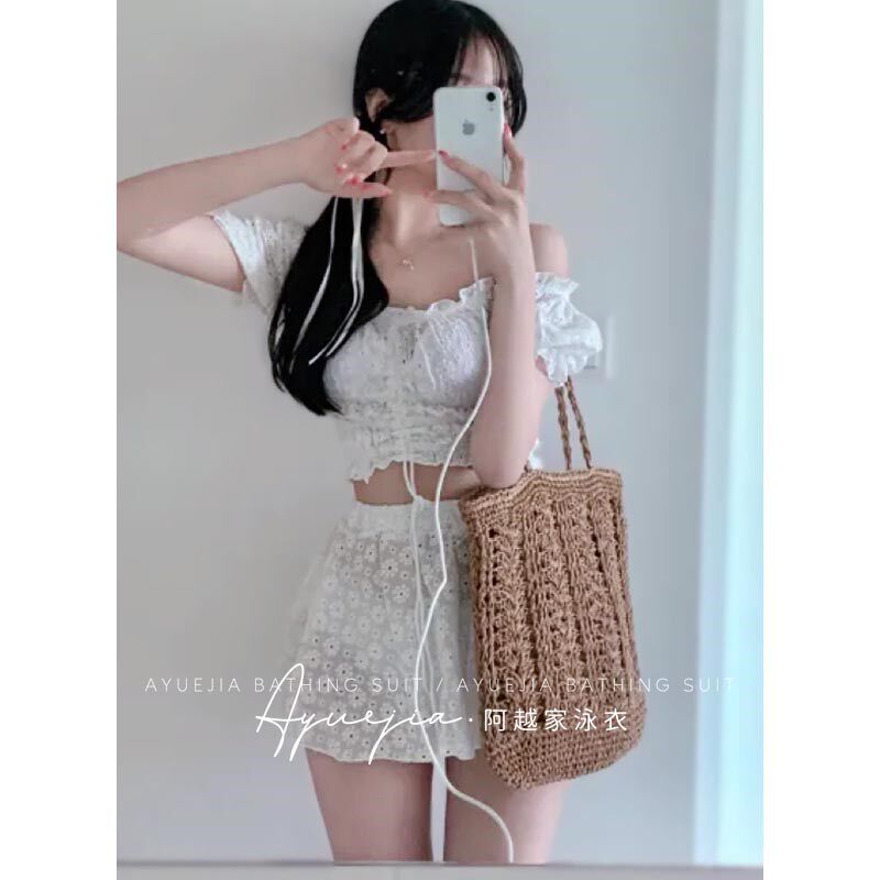 泳衣女2024年新款高级感分体泡温泉半袖裙式遮肚显瘦度假度假游泳