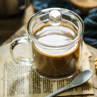 家用高硼硅耐热玻璃水杯带把手大口径杯子茶杯带盖勺子咖啡杯防烫