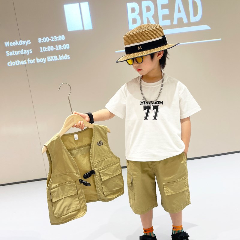 男童工装马甲T恤三件套夏款2025新款潮酷宽松薄款儿童宽松套装潮
