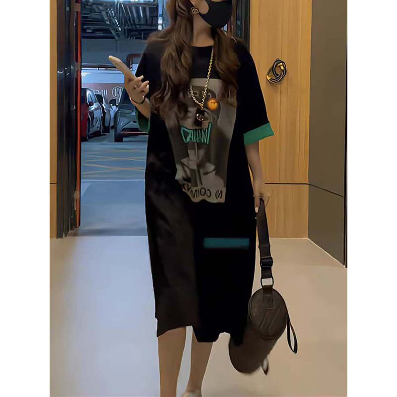 长版过膝休闲洋装女2023年夏季新款宽松欧货大版开叉短袖t恤裙