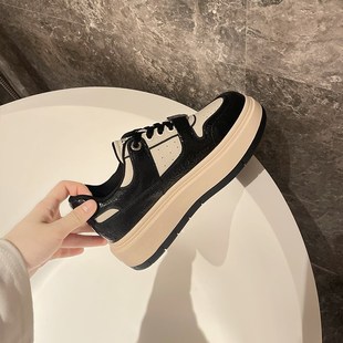 传祺女鞋~c爆裂纹牛皮厚底板鞋2024秋季新款百搭休闲鞋透气小白鞋