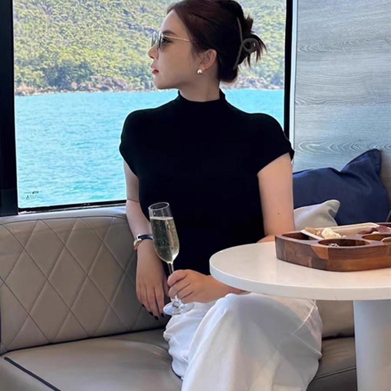 2024夏季新款半高领针织衫女短袖修身显瘦短款百搭包肩冰丝T恤