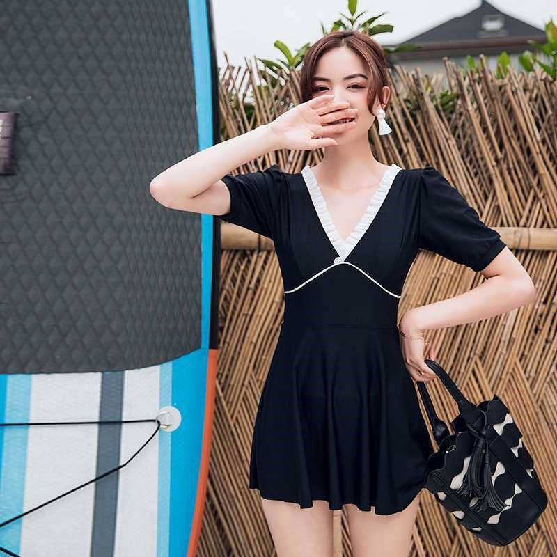 工厂裙式连体泳衣女保守遮肚显瘦一体式三角温泉酒店学生泳装