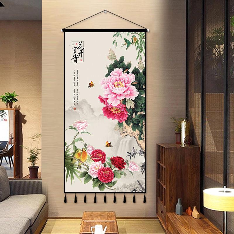 中式花开富贵牡丹挂画客厅挂毯装饰画墙布挂布竖版墙面装饰背景布图片