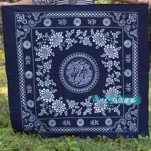 乌镇特色手工印染蓝印花布桌布中国式桌布茶几布方桌台布110*110