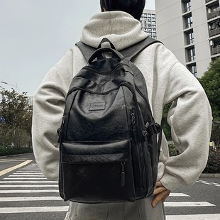 潮酷PU皮质感双肩包男大学生书包户外通勤短途旅行防水背包女个性