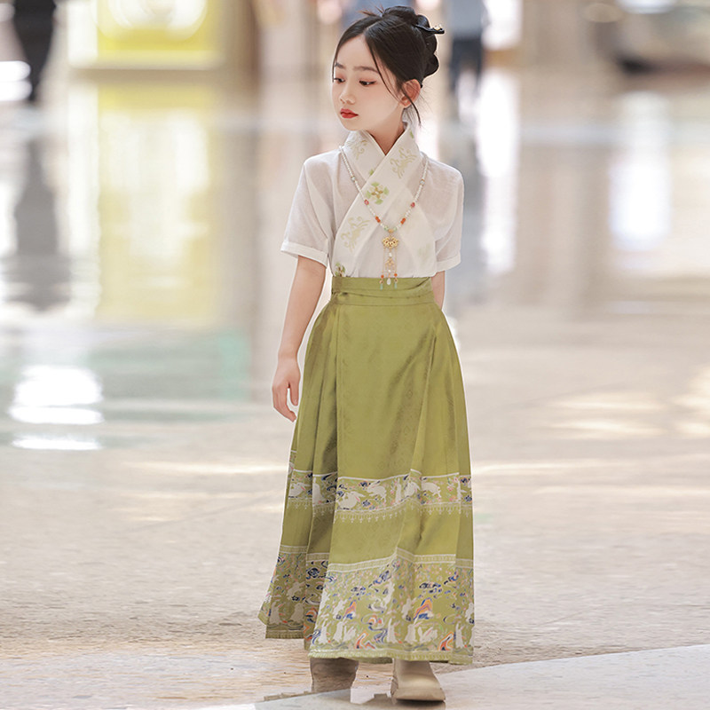 现货女童中式g绿色马面裙2023夏款儿童超仙半身裙两件套高端国风