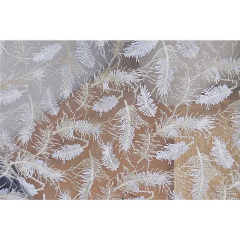 立体白色金线刺绣羽毛 网纱刺绣布料 服装面料婚纱裙子 蕾丝布料