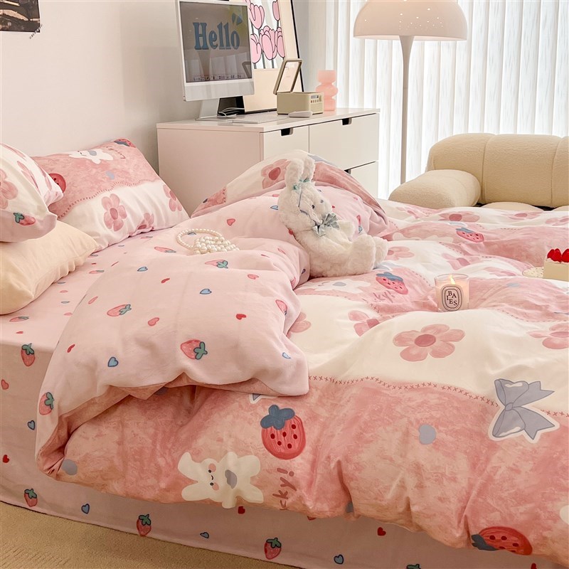 直销新品香棉加绒三m四件套A面纯棉B面牛奶绒被套加厚秋冬学生南