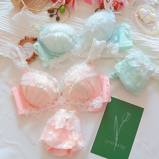 约素 浮生若梦~日系可爱蕾丝少女内衣大胸显小有钢圈文胸套装大码