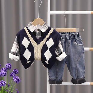 男童冬装套装2023新款儿童洋派时髦宝宝加绒加厚秋冬季马甲三件套