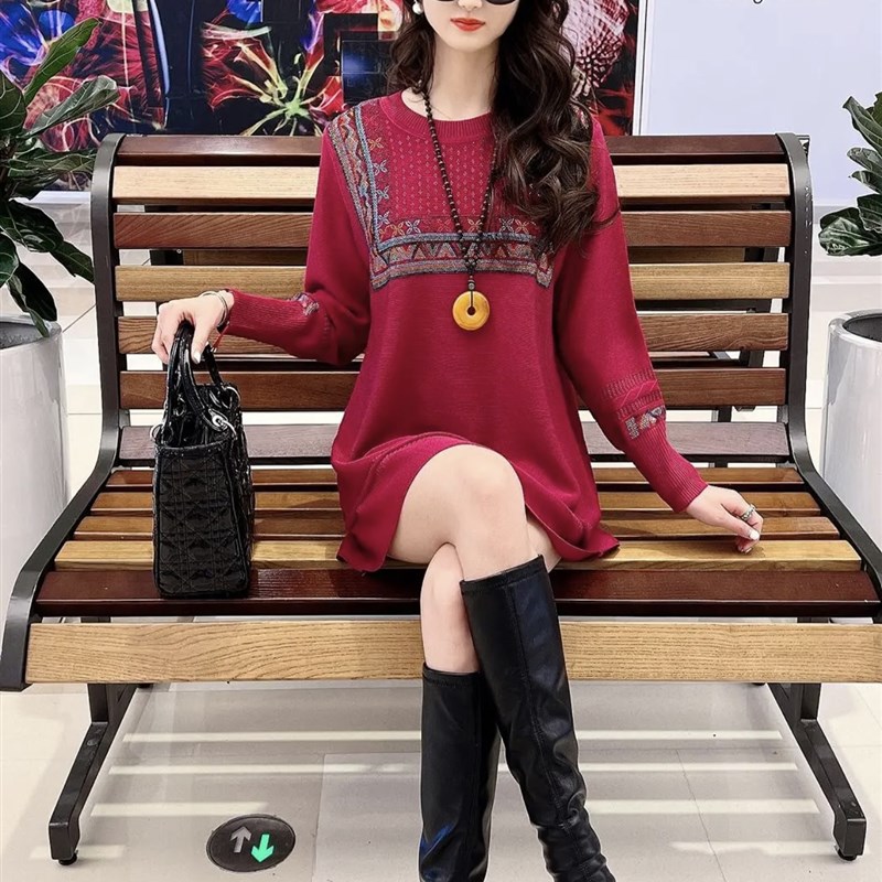 早春款针织冰丝女上衣中长款圆领民族风遮屁股T恤长袖套头百搭款